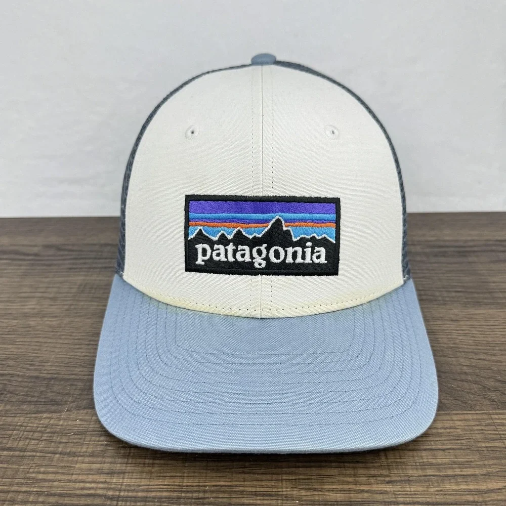 Patagonia Hat Cap Snap Back Mens Blue White Gray Trucker Mesh‎ Logo Embroidered